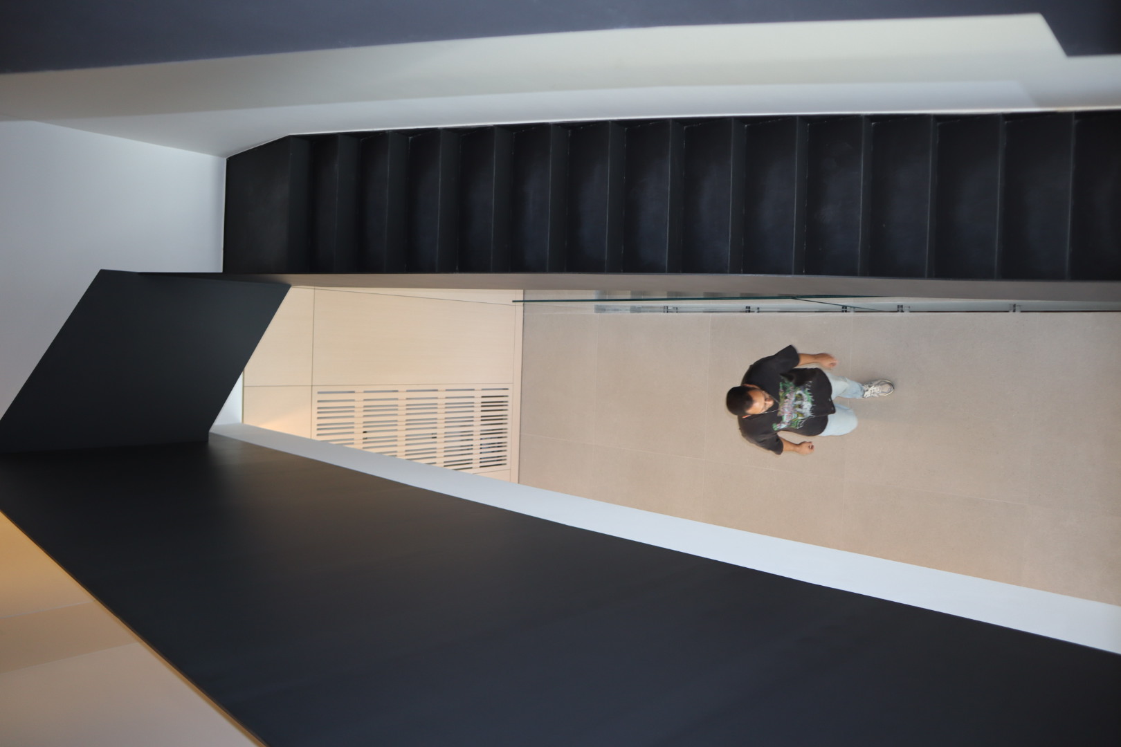 Sculptural black staircase viewed from above